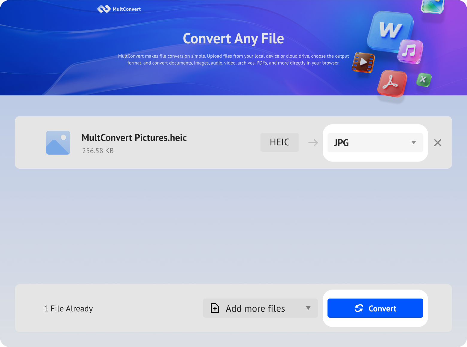 Select JPG as the output format in MultConvert